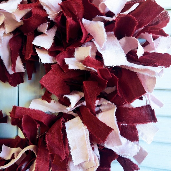 Hand Crafted Pink Maroon Wine Rag Heart Wreath, Shabby Chic, Valentine's Day 15" - Picture 2 of 7